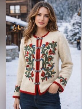Vrikke Norwegian Sweater Large 100% Wool Cream Red Floral Embroidery Clasps 90s